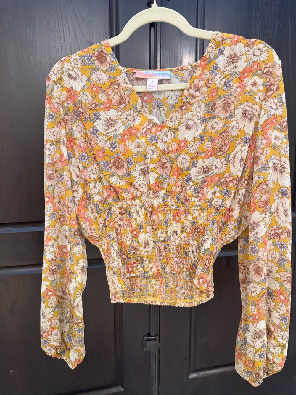 Smocked Floral V-Neck Long-Sleeve Blouse - Yellow Floral